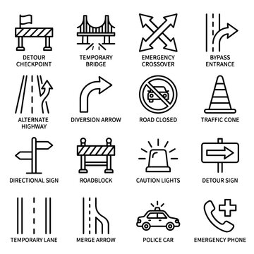 Sixteen linear representing road construction, traffic safety, detours, and emergency management on urban highways