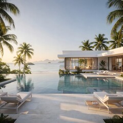 Fototapeta premium Resort overlooking crystal-clear turquoise ocean and elegant modern villa with pool