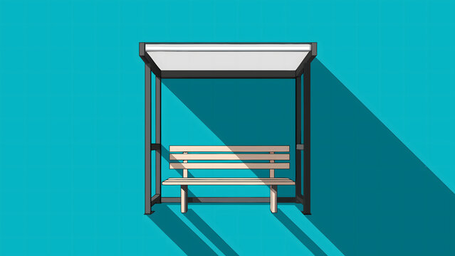 Illustration of a bus stop with a bench in front of a blue wall