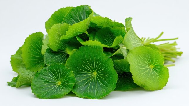 A cluster of fresh green gotu kola leaves rests on a white background showcasing detailed venation