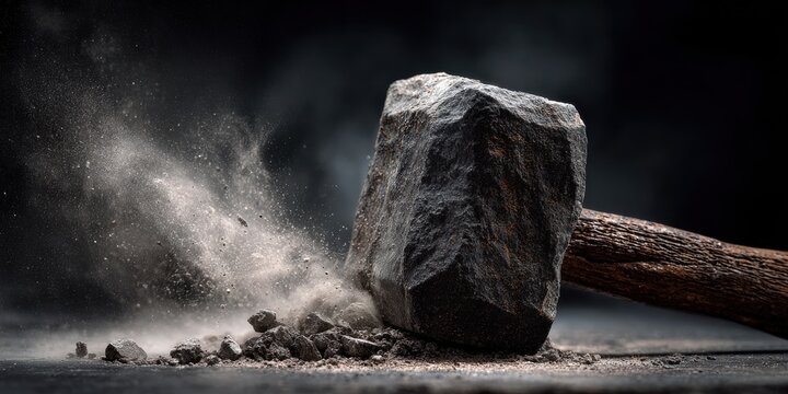 Stone hammer impacting rock surface creating dust and debris in a dramatic photograph hammerstone primitive