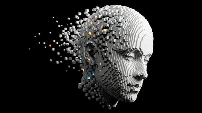Futuristic Voxel Human Face Dissolving Into Digital Data and Artificial Intelligence Technology