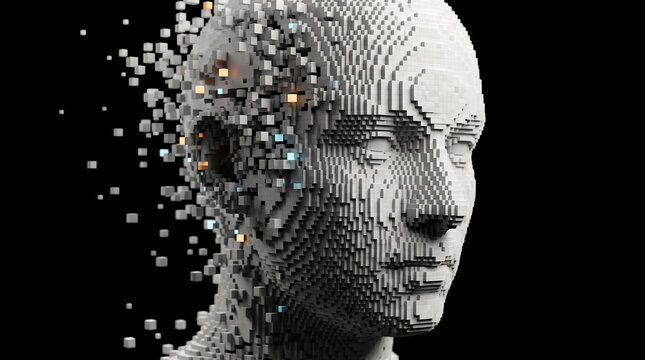 Futuristic Voxel Human Face Dissolving Into Digital Data and Artificial Intelligence Technology