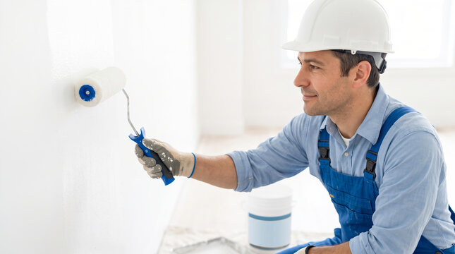 A man is painting a wall with a roller inside a room. He is wearing a hard hat and working diligently. The room is empty and has bright light coming through windows