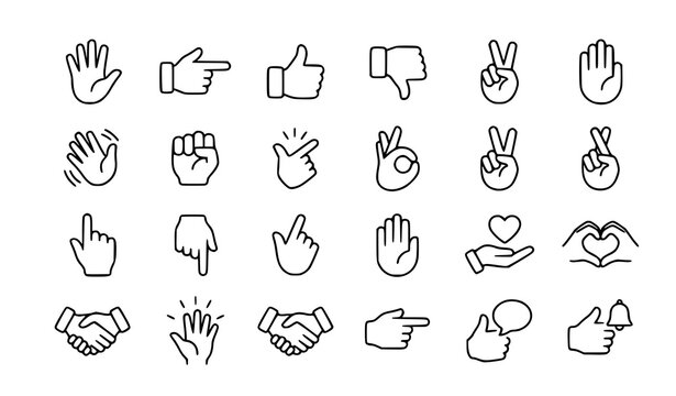 Hand gesture and communication outline icon set with editable stroke for web and mobile UI vector design