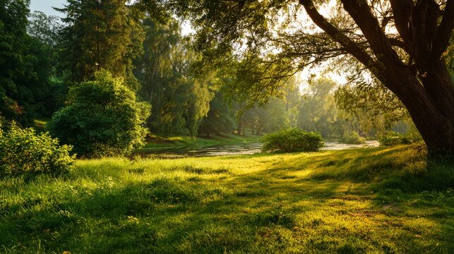 Beautiful Warm Summer Natural Landscape of a Peaceful Green Park Glade with Fresh Grass Bathed in Golden Sunlight, Serene Outdoor Scenery and Lush Meadow Under a Bright Clear Sky