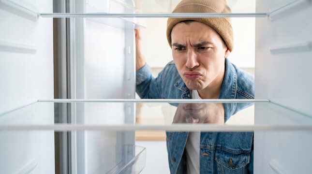 A man stands in a kitchen looking into an empty fridge with disappointment on his face. The kitchen is bright and simple, showing bare shelves inside the fridge