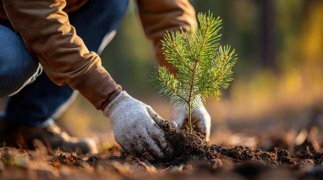 Hands planting a young evergreen tree seedling in dark soil a close up outdoor photograph