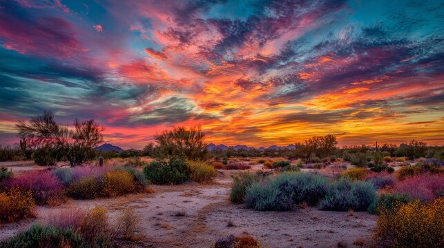 Colorful arizona desert sunset landscape near phoenix, dramatic orange and pink sky over rugged sonoran desert mountains and cactus covered terrain, scenic southwestern nature at golden hour, peaceful