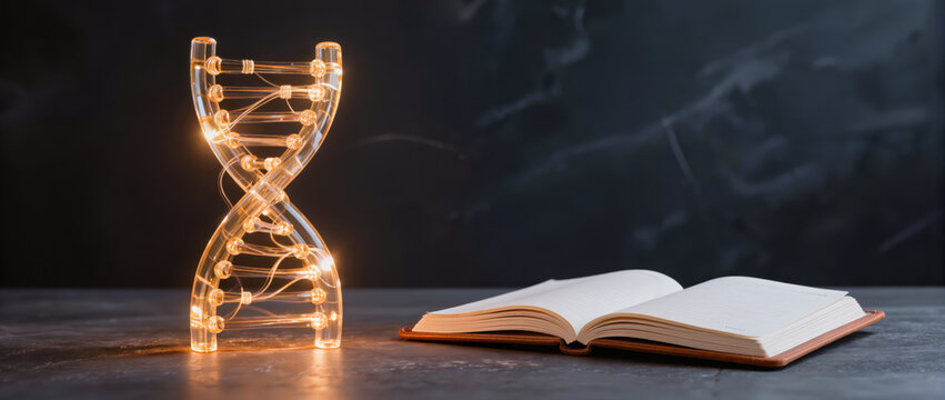 Pharmaceutical industry technology, glowing DNA model beside open book