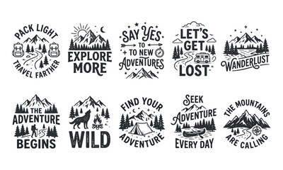 Adventure typography collection features wilderness scenes and travel themed illustrations © Gobindo