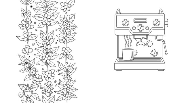 Coffee theme illustration featuring a seamless pattern of coffee tree branches and a modern espresso machine.