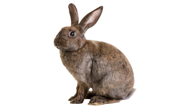 Brown rabbit sitting on white