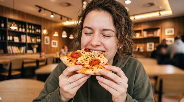 A woman sits at a table in a restaurant, smiling as she holds a slice of pizza. Other diners can be seen in the background. It is lunchtime and the atmosphere is friendly