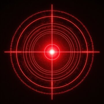 Red circular target reticle with concentric rings illuminated against a black background circles crosshair aiming