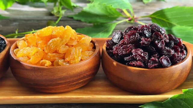 Elevated view of three raisin varieties in wooden bowls with grapevine foliage during a slow leftward camera movement