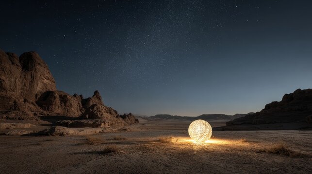 Dreamlike Desert Landscape with Glowing Light Sphere Under a Star Filled Night Sky, Vast Sandy Dunes Illuminated by Ethereal Light Beneath a Deep Cosmic Sky