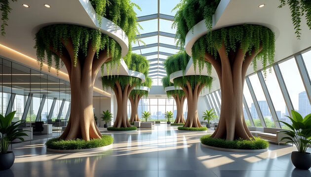 Modern Sustainable Office Interior With Tree Trunk Pillars And Ivy Glass Ceiling