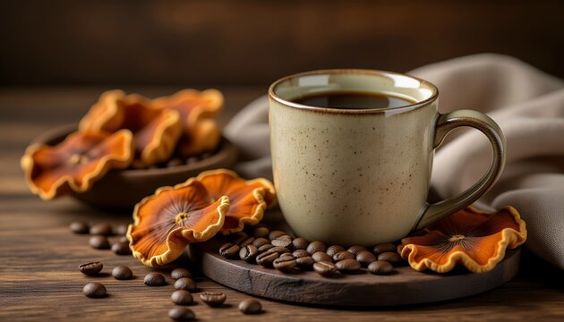 Adaptogen Mushroom Coffee In Ceramic Mug With Raw Reishi And Chaga Mushrooms