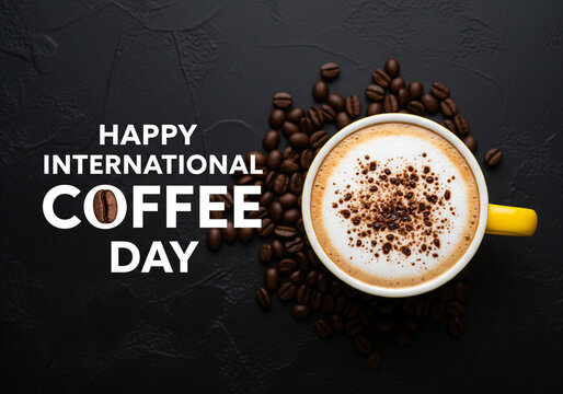 Coffee cup in a cafe and coffee beans in a sack on a black background from above