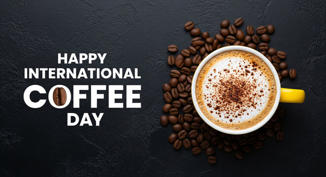 Coffee cup in a cafe and coffee beans in a sack on a black background from above