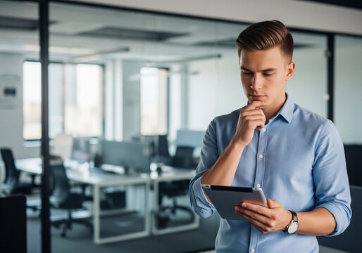Young businessman wearing glasses and a blue shirt holding a digital tablet and smiling at the camera in a modern glass office interior, symbolizing business, technology, and success.