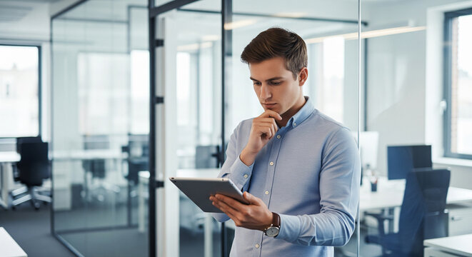 Young businessman wearing glasses and a blue shirt holding a digital tablet and smiling at the camera in a modern glass office interior, symbolizing business, technology, and success.