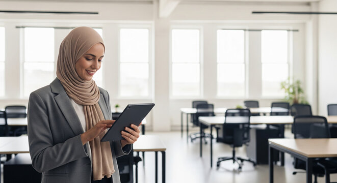 Dreaming young Indian or arab entrepreneur businesswoman holding digital pc tablet standing in office. Smiling middle eastern woman in hijab working using touchpad computer, looking at copy space