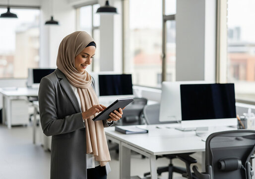 Dreaming young Indian or arab entrepreneur businesswoman holding digital pc tablet standing in office. Smiling middle eastern woman in hijab working using touchpad computer, looking at copy space