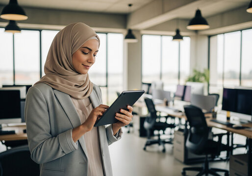 Dreaming young Indian or arab entrepreneur businesswoman holding digital pc tablet standing in office. Smiling middle eastern woman in hijab working using touchpad computer, looking at copy space