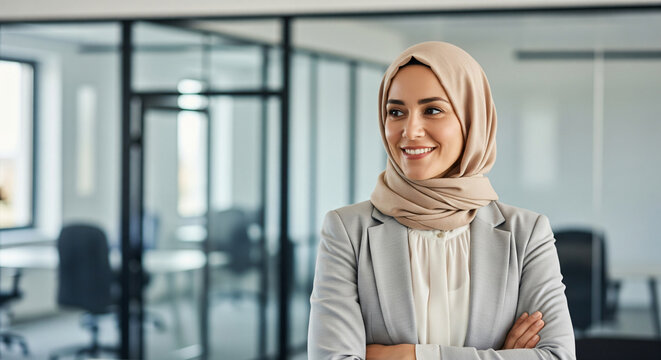 Young happy and successful South East Asian Islamic business woman with arms crossed in business corporate building.