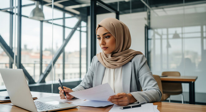 Happy muslim businesswoman in hijab at office workplace. Smiling Arabic woman working on laptop.