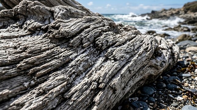 Weathered driftwood log on a rocky beach with ocean waves in the background