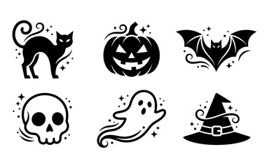 Fototapeta premium A collection of black and white vector icons featuring classic halloween symbols like pumpkins cats bats skulls ghosts and witch hats for seasonal holiday designs