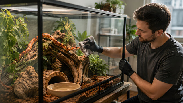 Man wearing black gloves carefully cleaning the glass of a terrarium containing a pet corn snake