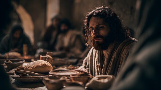 Jesus christ breaking bread at the last supper with disciples