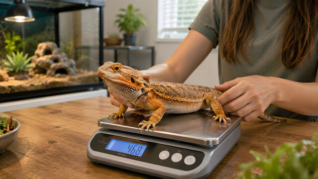 Weighing a pet bearded dragon lizard on a digital scale at home