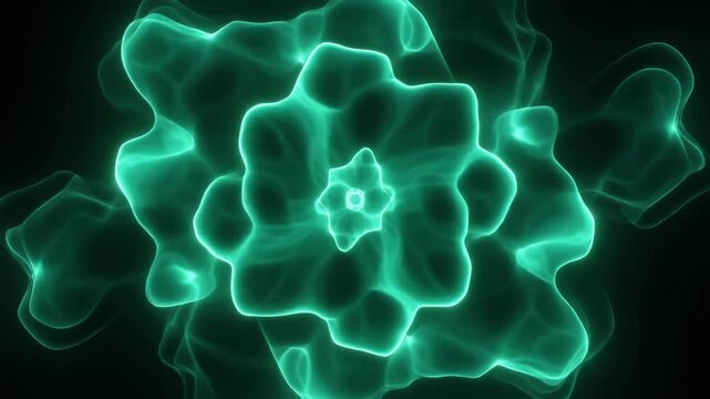 Deep-emerald plasma blooms outward from center, luminous tendrils gradually extending and thickening against deep black, creating mesmerizing cosmic energy with soft cinematic glow.
