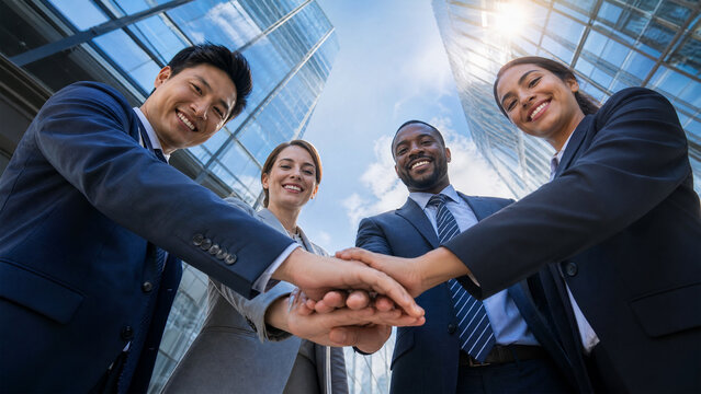 Low Angle View of Diverse Business Team Joining Hands Under Skyscraper