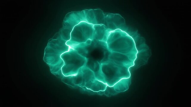 Deep-emerald plasma blooms outward from center, luminous tendrils gradually extending and thickening against deep black, creating mesmerizing cosmic energy with soft cinematic glow.
