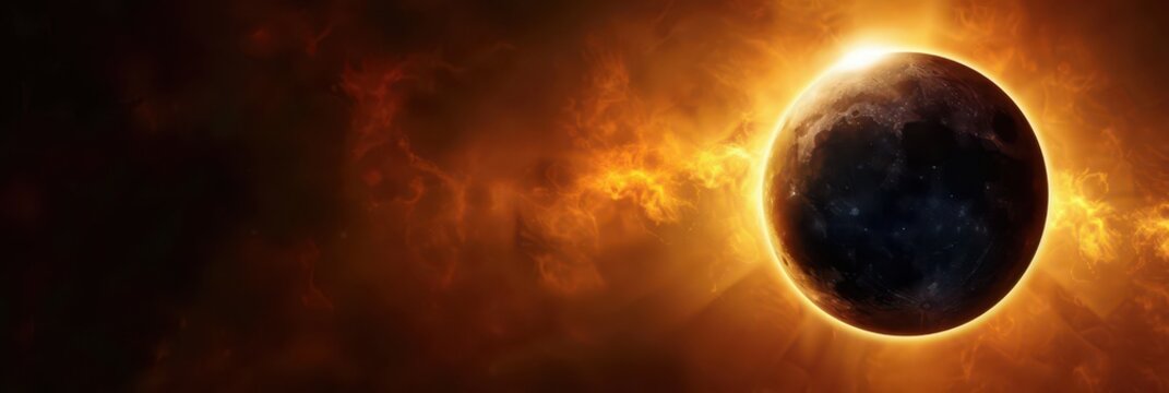 Dramatic solar eclipse scene with fiery corona and dark planet for space background banner and wallpaper design