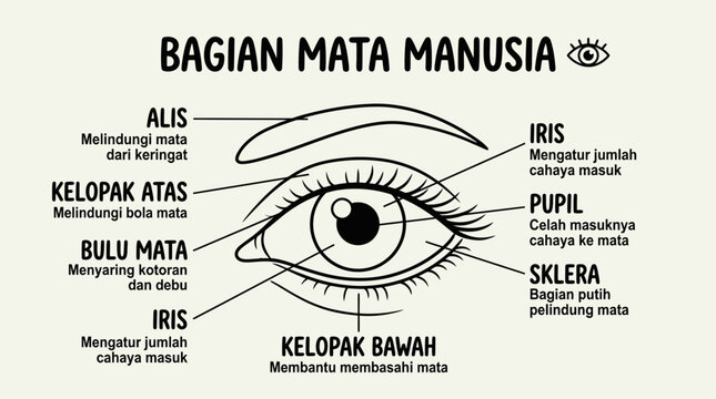 Anatomical parts of the human eye labeled in Indonesian.