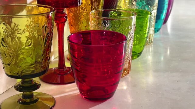 Camera moving along a row of colorful tumblers and goblets for home entertaining, party hosting, table decor and hospitality visuals