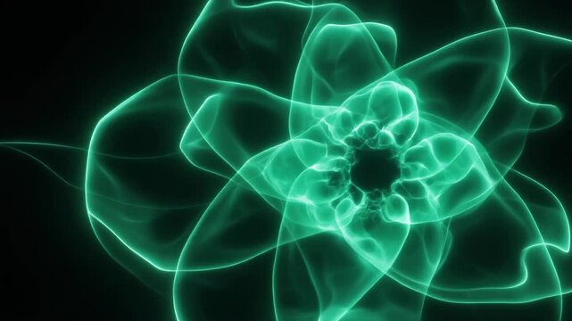Deep-emerald plasma blooms outward from center, luminous tendrils gradually extending and thickening against deep black, creating mesmerizing cosmic energy with soft cinematic glow.
