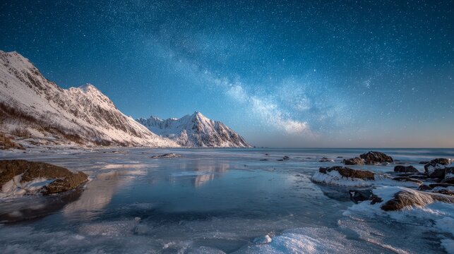 Milky way above frozen sea coast and snow covered mountains at night in lofoten islands norway, arctic winter landscape with blue starry sky, icy water, snowy rocks, dramatic mountain peaks and cosmic