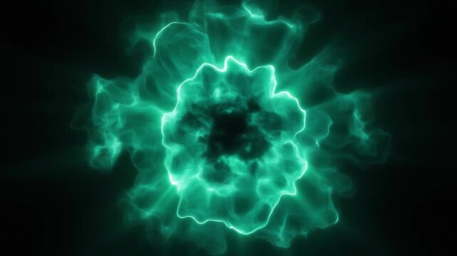 Deep-emerald plasma blooms outward from center, luminous tendrils gradually extending and thickening against deep black, creating mesmerizing cosmic energy with soft cinematic glow.
