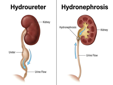 Hydroureter and hydronephrosis medical illustration comparison isolated on white background