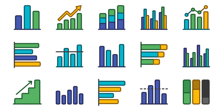 Collection of bar graph icons depicts data analysis and financial reporting concepts analytics business charts comparison diagrams economics