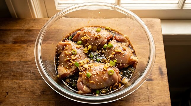 Raw chicken thighs marinating in soy sauce with colorful vegetables inside a glass bowl on wood table