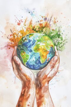 Hands holding earth watercolor globe with foliage and colorful paint splashes for international day of charity poster background and banner design